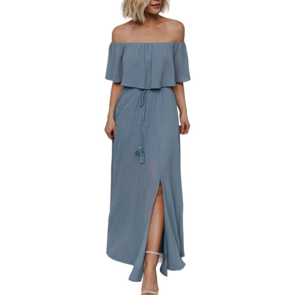 Baltic Born Slate Blue Off-Shoulder Maxi Dress